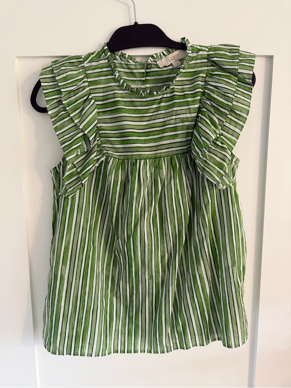 LOFT Green Striped Ruffle Sleeve Top